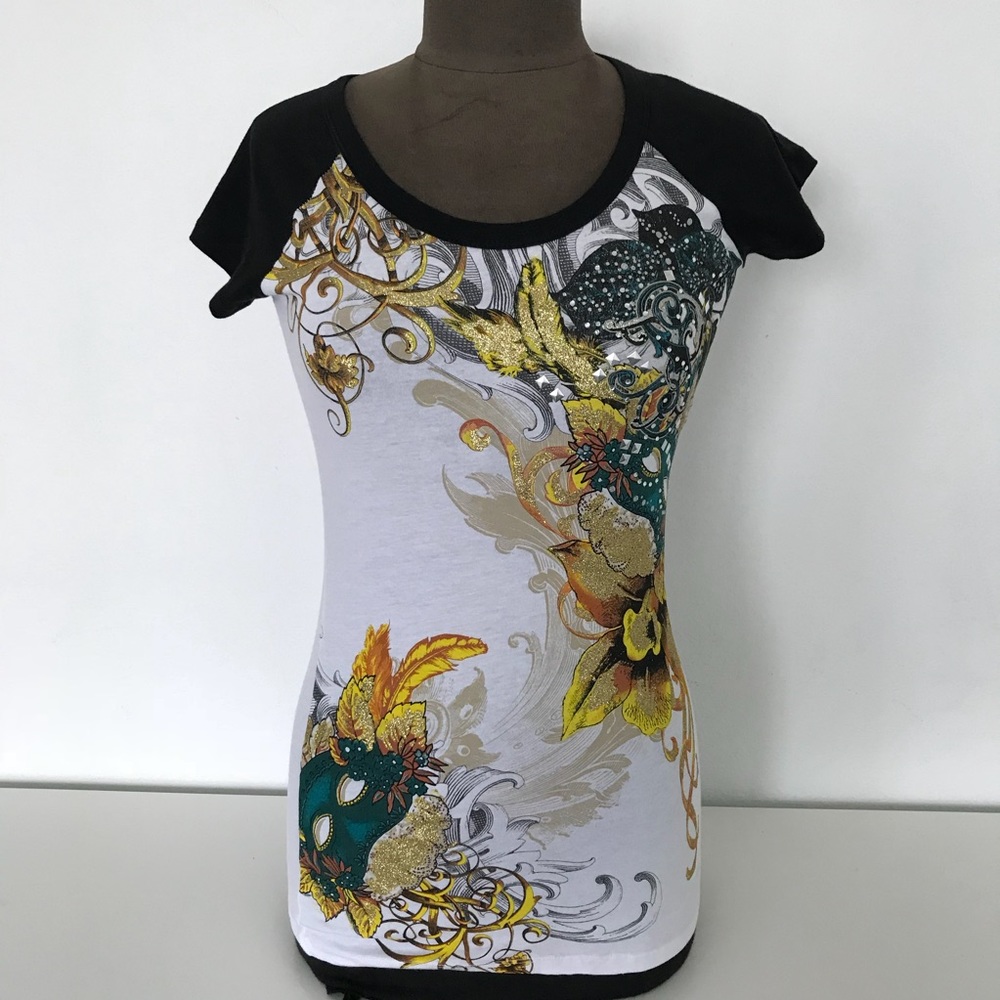 NWOT Southpole baroque floral and masquerade mask y2k vintage T-shirt Size S